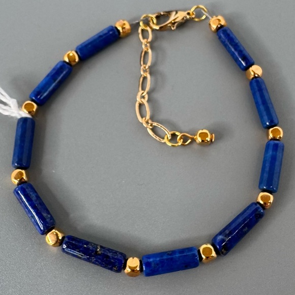 🌞HAND CRAFTED BRACELET Lapis Lazuli Tubes Gold Spacers Lobster Claw Clasp NWT - Picture 7 of 15